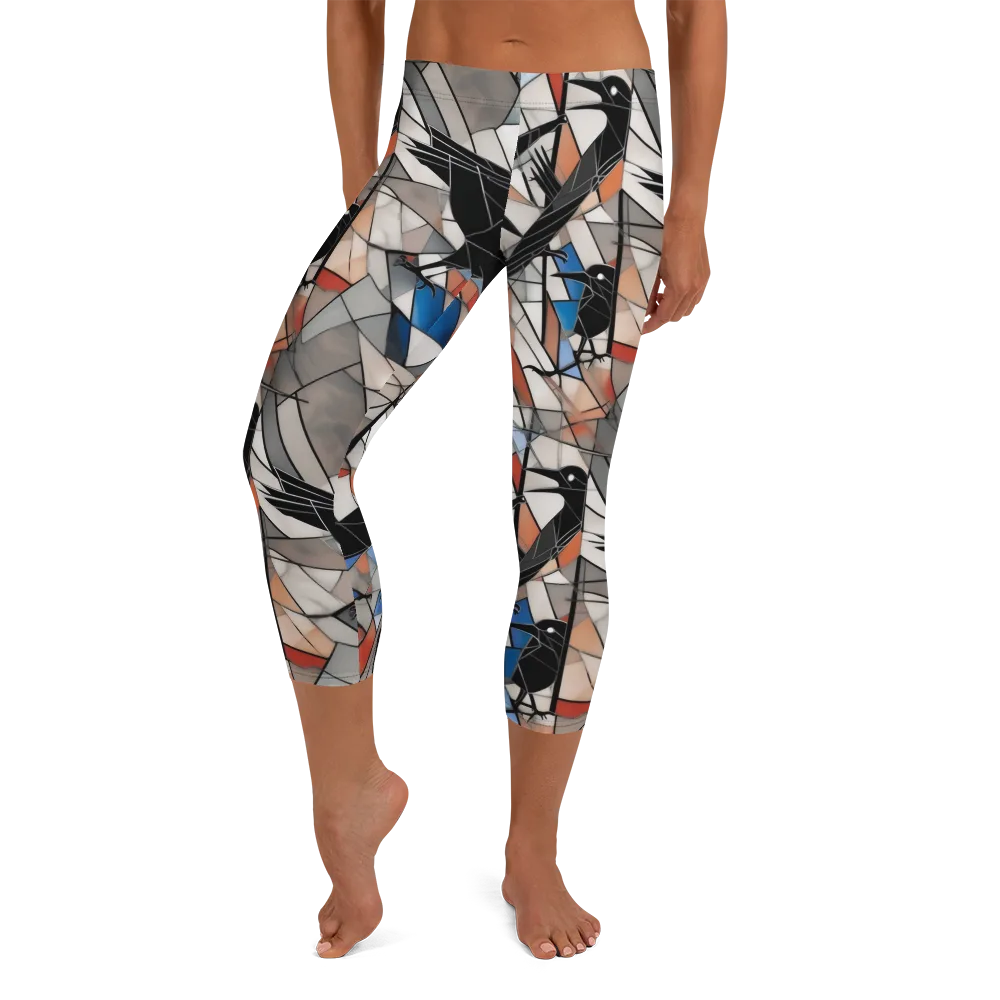 Stained Glass Crows on Capri Leggings — Front