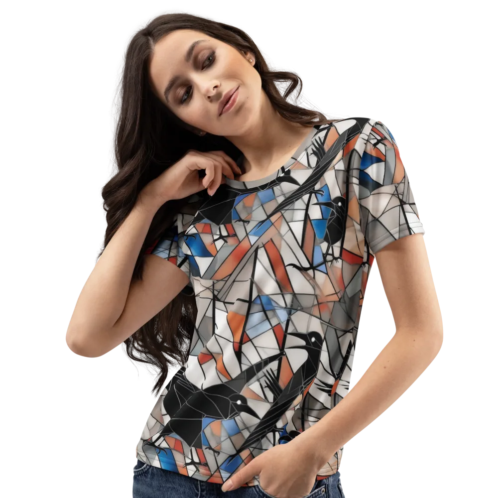 Stained Glass Crows on Women's Crew Neck T-Shirt — Left Front