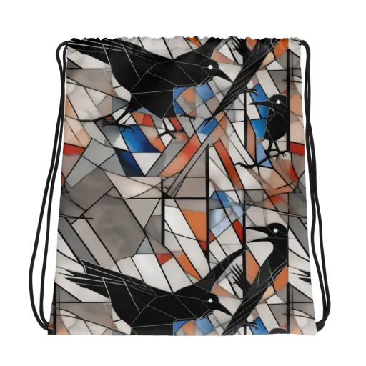 Stained Glass Crows on a Drawstring Bag