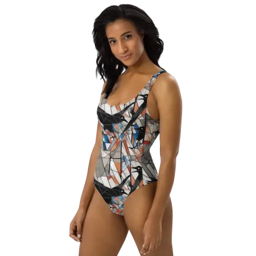 Stained Glass Crows on a One-Piece Swimsuit