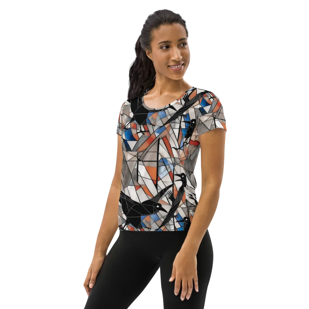 Stained Glass Crows on Women's Athletic T-Shirt — Left