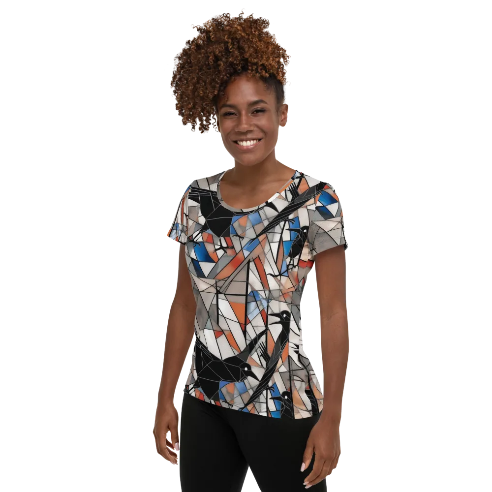 Stained Glass Crows on Women's Athletic T-Shirt — Left