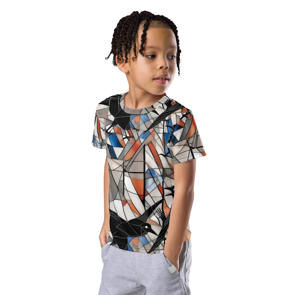 Stained Glass Crows on Kids Crew Neck T-Shirt — Left Front