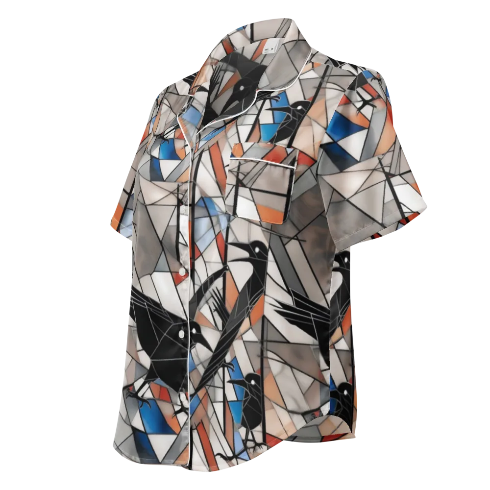 Stained Glass Crows on Women's Short Sleeve Pajama Top — Left Front