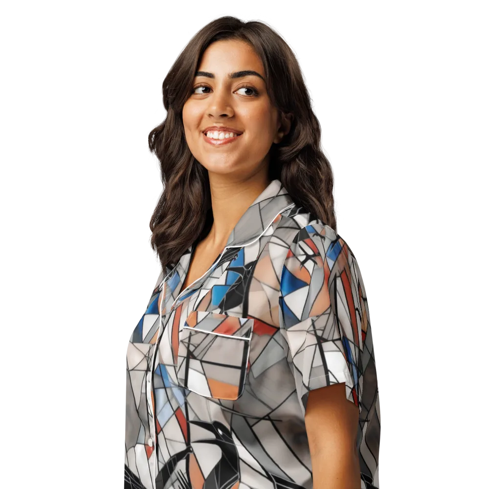 Stained Glass Crows on Women's Short Sleeve Pajama Top — Left Front