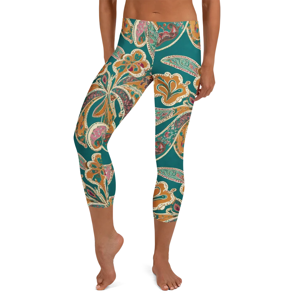 Teal Paisley Reverie on Capri Leggings — Front