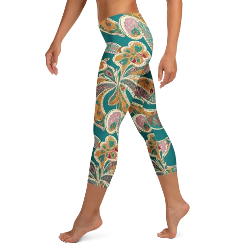 Teal Paisley Reverie on a Capri Leggings
