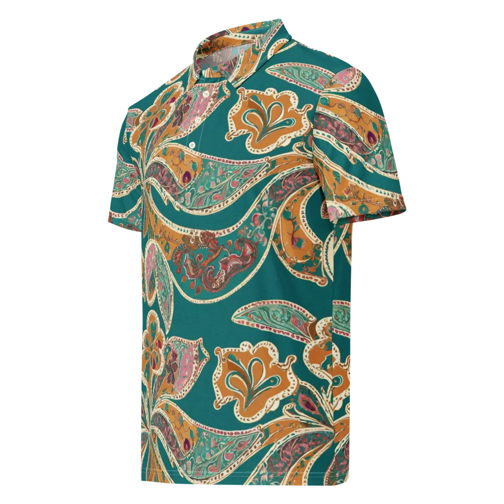 Teal Paisley Reverie on Men's Slim Fit Polo Shirt — Left Front