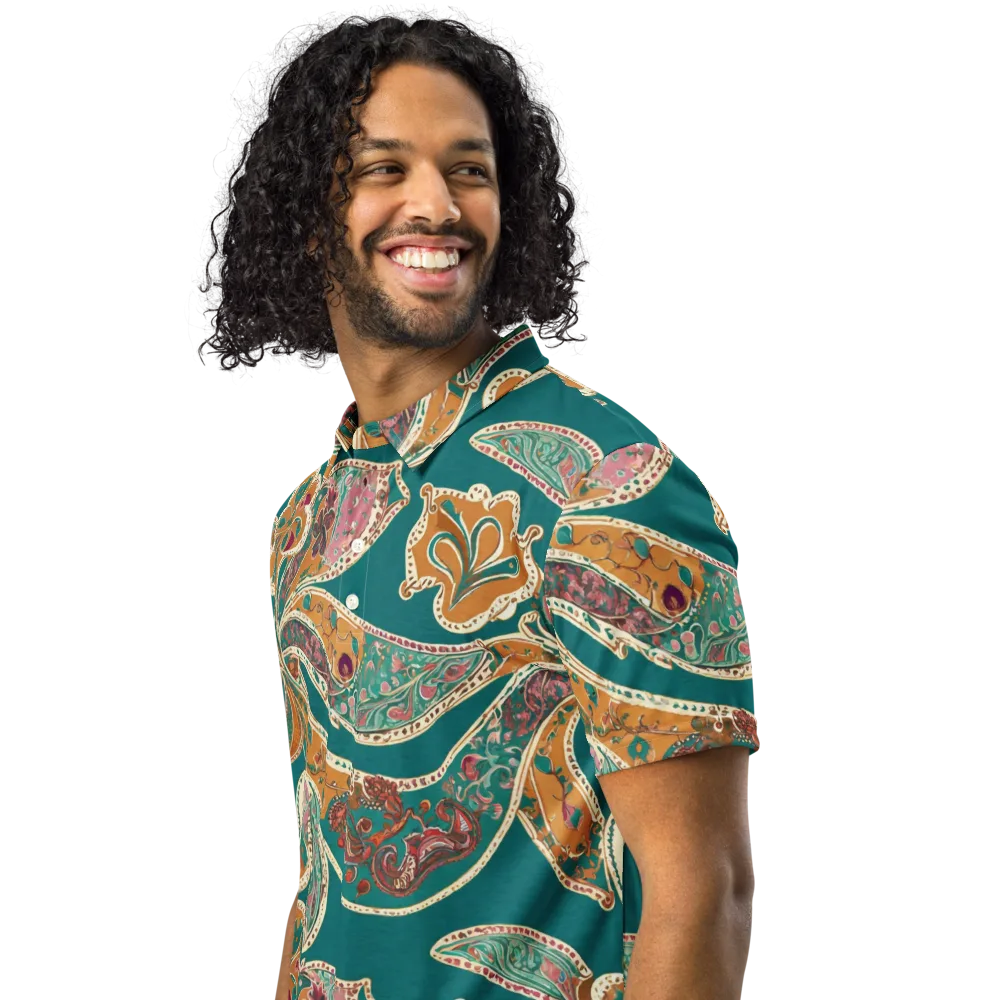 Teal Paisley Reverie on Men's Slim Fit Polo Shirt — Left Front