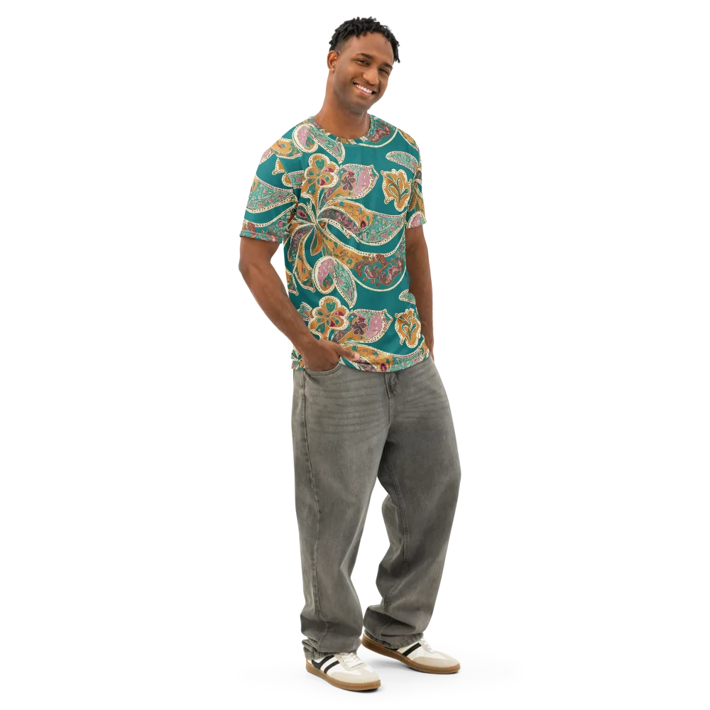 Teal Paisley Reverie on Men's Cotton Crew Neck T-Shirt — Right Front