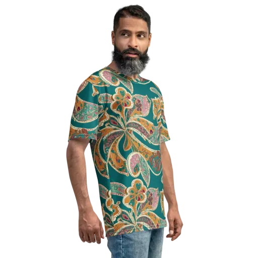 Teal Paisley Reverie on a Men's Crew Neck T-Shirt