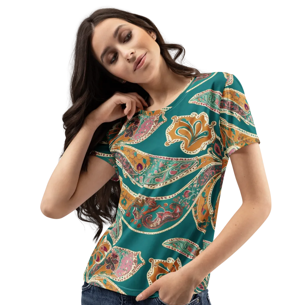 Teal Paisley Reverie on Women's Crew Neck T-Shirt — Left Front