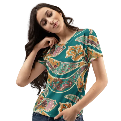 Teal Paisley Reverie on a Women's Crew Neck T-Shirt