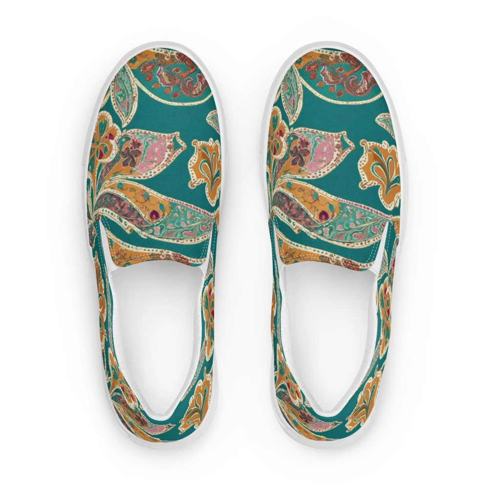 Teal Paisley Reverie on Men's Slip-On Canvas Shoes — Front