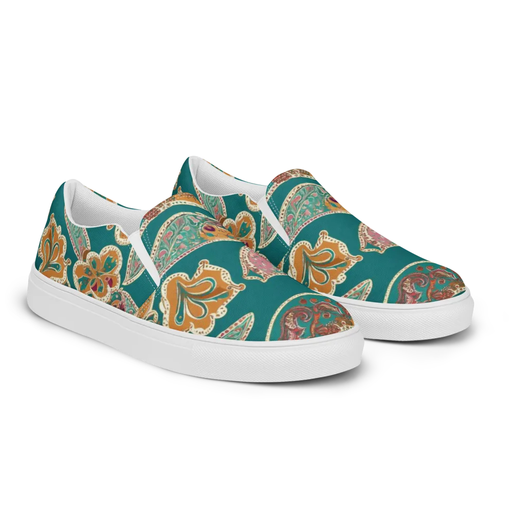 Teal Paisley Reverie on Men's Slip-On Canvas Shoes — Right Front