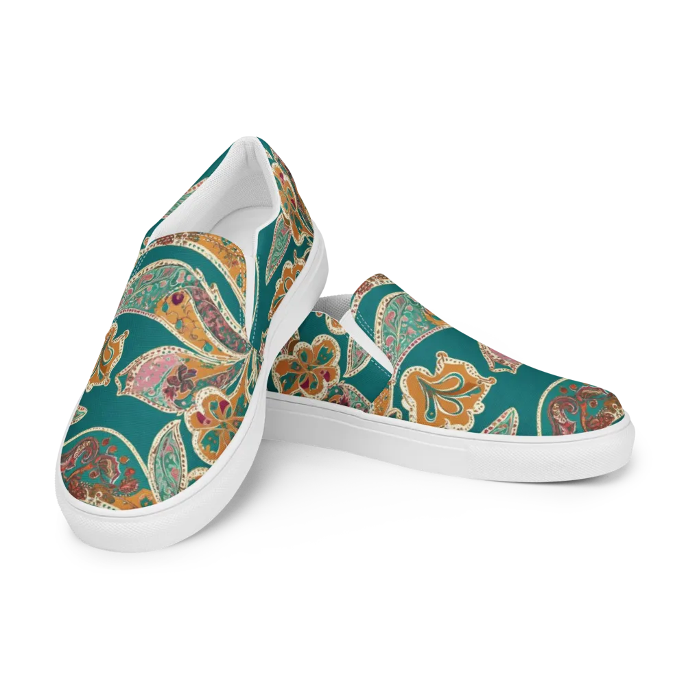 Teal Paisley Reverie on Men's Slip-On Canvas Shoes — Left Front