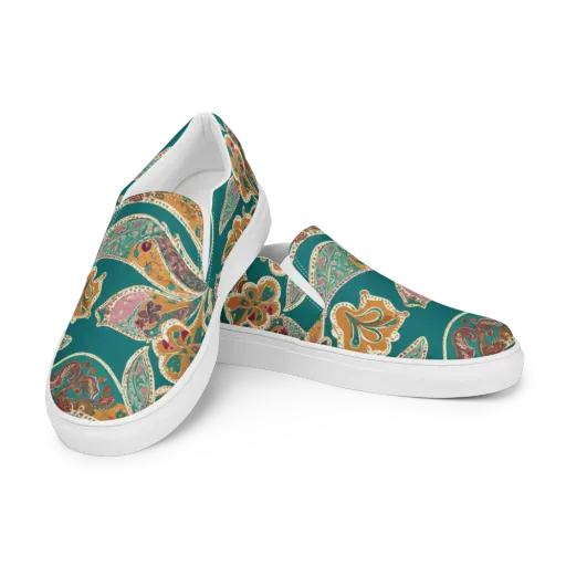 Teal Paisley Reverie on a Men's Slip-On Canvas Shoes