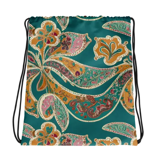 Teal Paisley Reverie on a Drawstring Bag