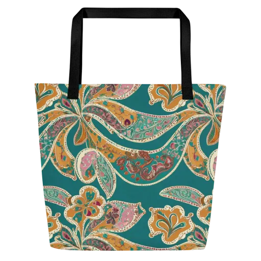 Teal Paisley Reverie on a Large Tote Bag W/ Pocket