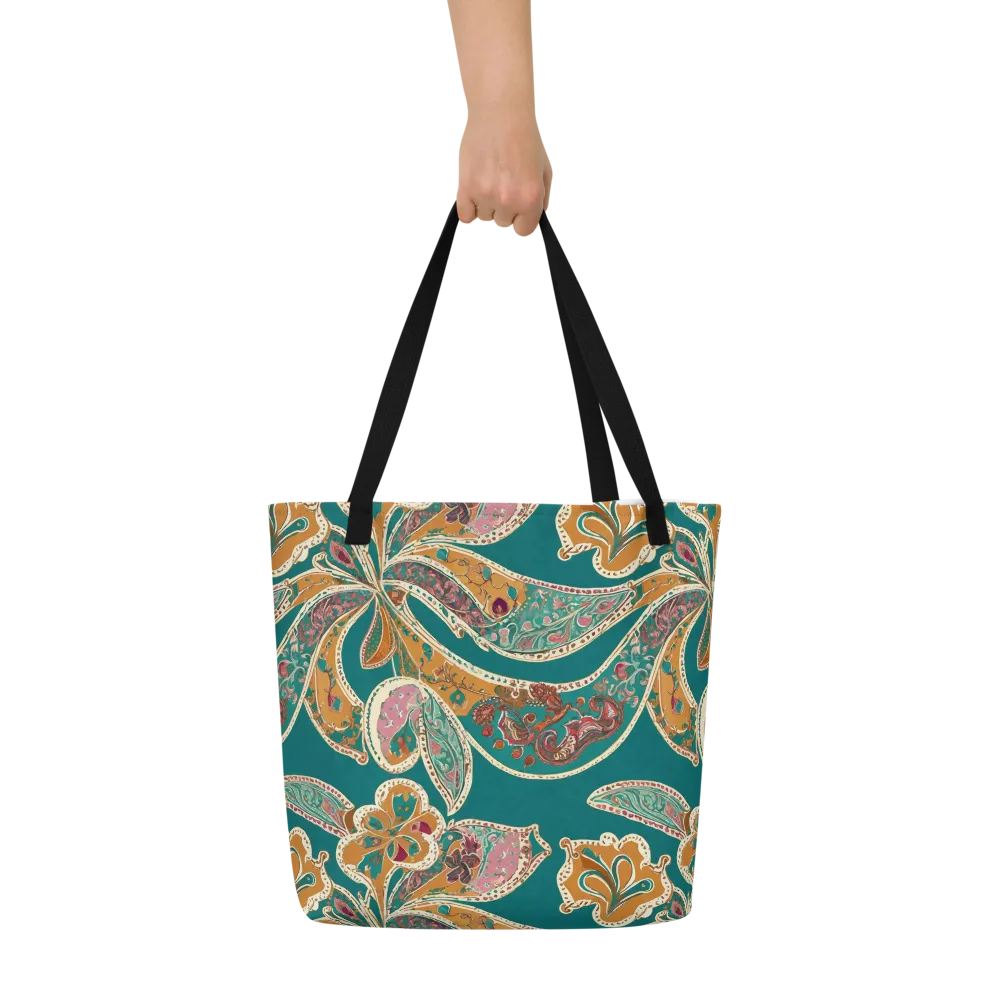 Teal Paisley Reverie on Large Tote Bag W/ Pocket — Front