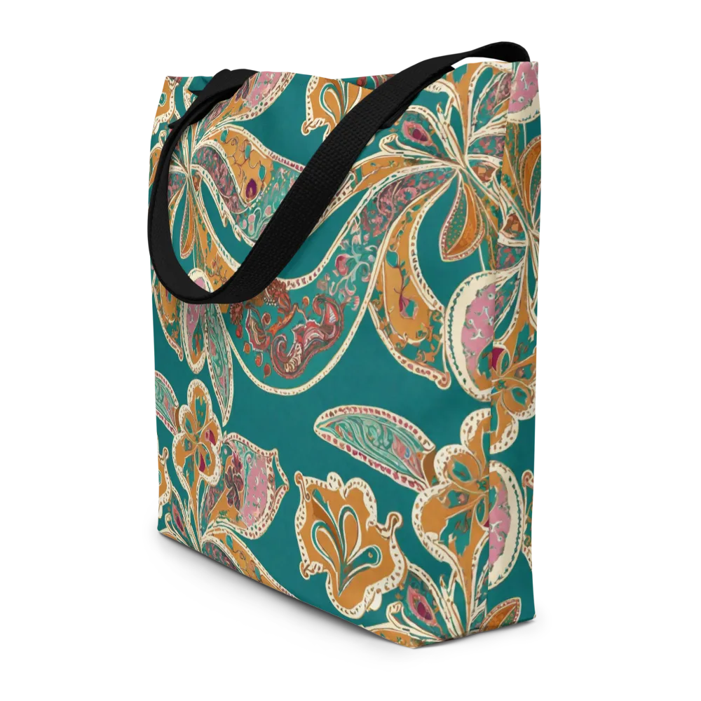 Teal Paisley Reverie on Large Tote Bag W/ Pocket — Front