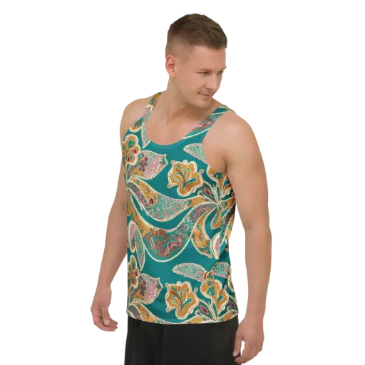Teal Paisley Reverie on a Men's Tank Top