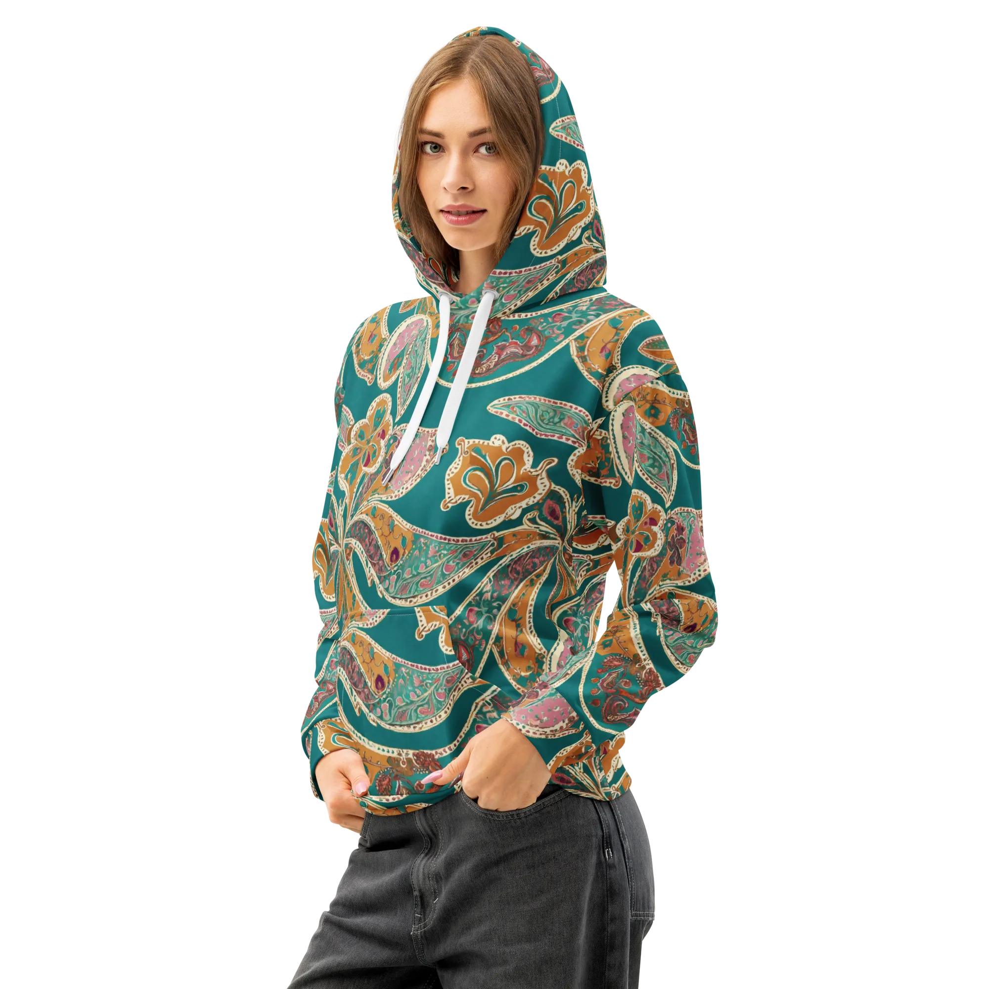 Teal Paisley Reverie on Cotton Hoodie — Left Front