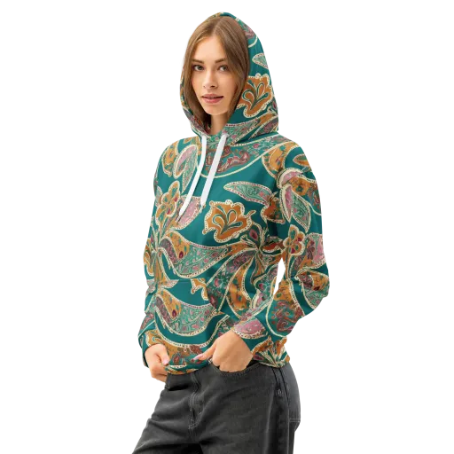 Teal Paisley Reverie on a Cotton Hoodie