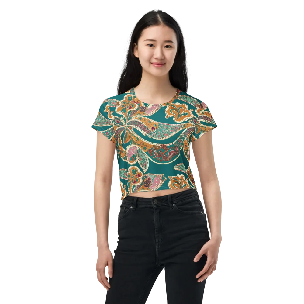 Teal Paisley Reverie on Crop Tee — Front