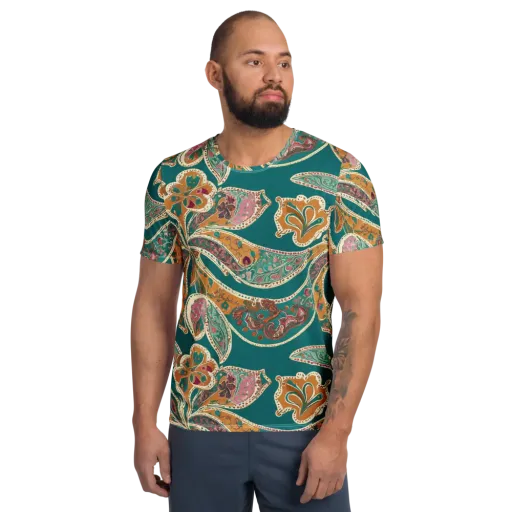 Teal Paisley Reverie on a Men's Athletic T-Shirt