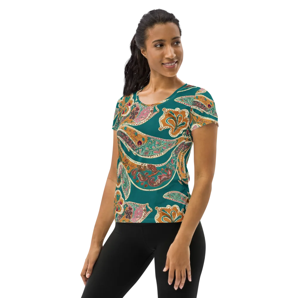 Teal Paisley Reverie on Women's Athletic T-Shirt — Left