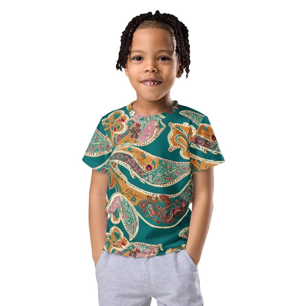 Teal Paisley Reverie on Kids Crew Neck T-Shirt — Front