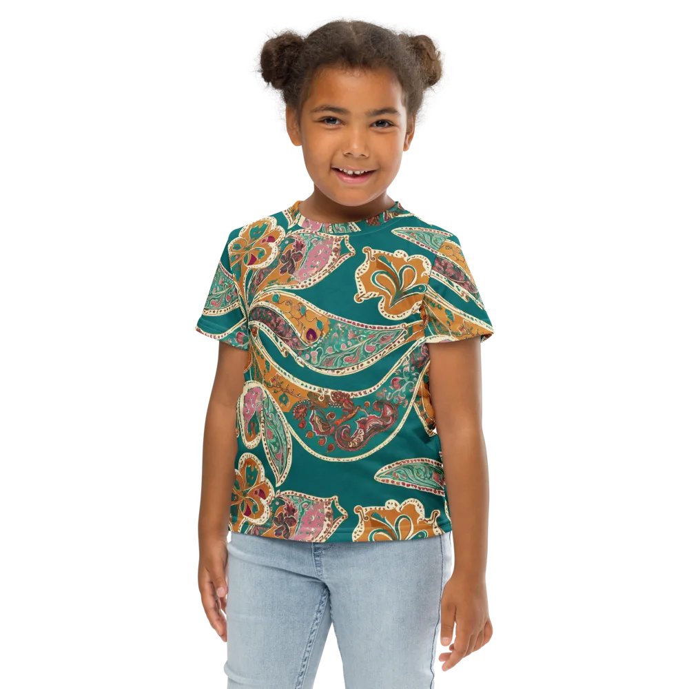 Teal Paisley Reverie on Kids Crew Neck T-Shirt — Front