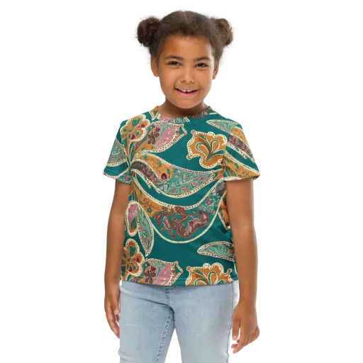 Teal Paisley Reverie on a Kids Crew Neck T-Shirt