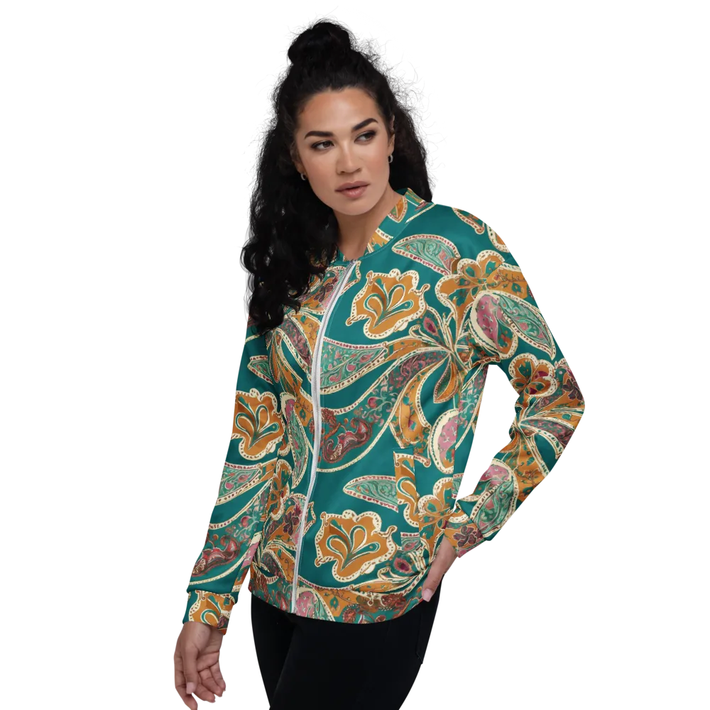 Teal Paisley Reverie on Bomber Jacket — Left