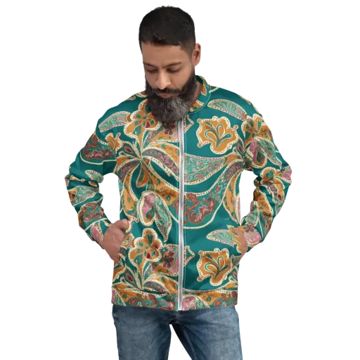 Teal Paisley Reverie on a Bomber Jacket