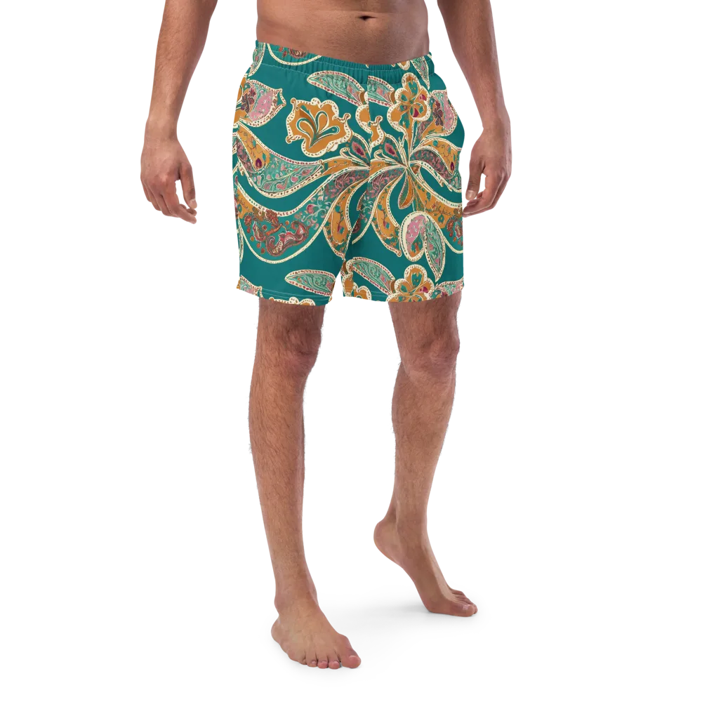 Teal Paisley Reverie on Swim Trunks — Front