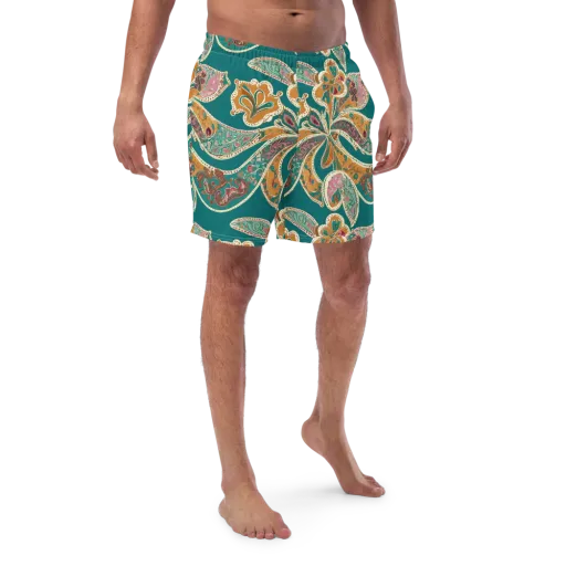 Teal Paisley Reverie on a Swim Trunks