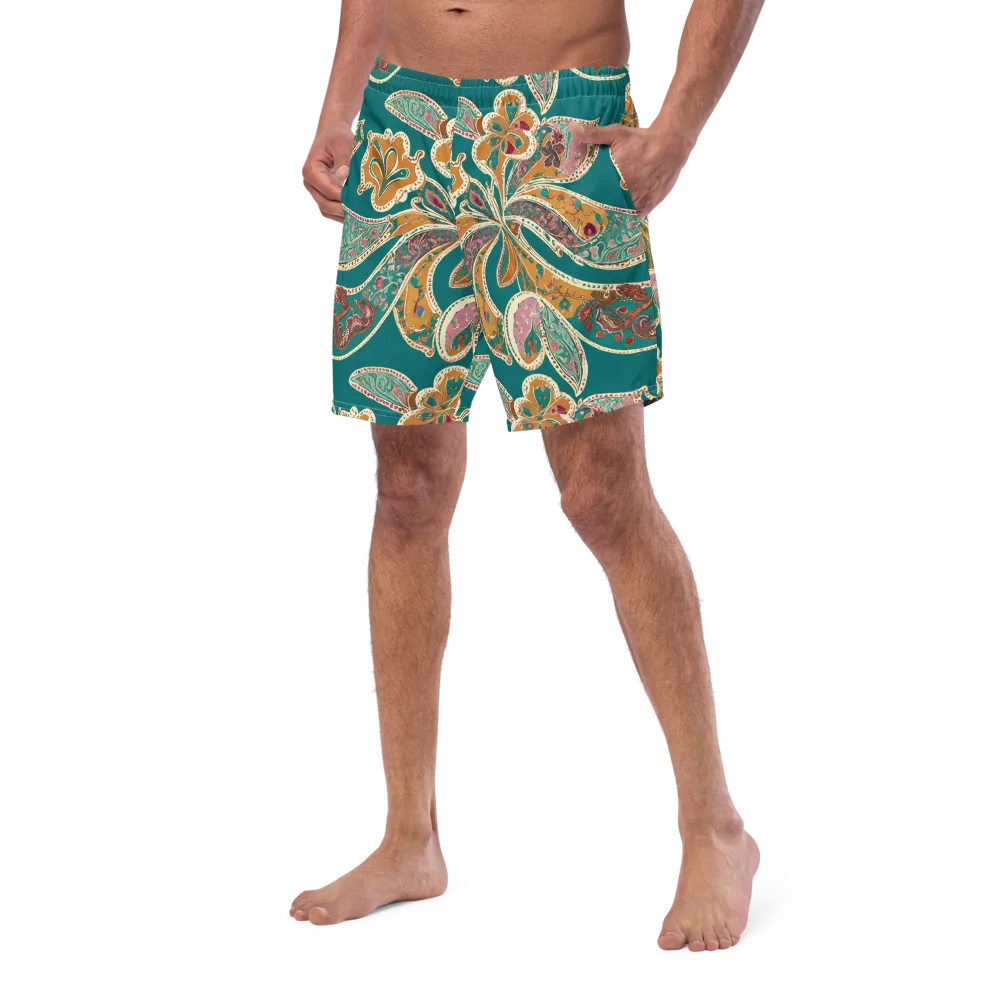 Teal Paisley Reverie on Swim Trunks — Left Front