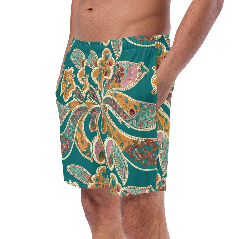 Teal Paisley Reverie on Swim Trunks — Left Front
