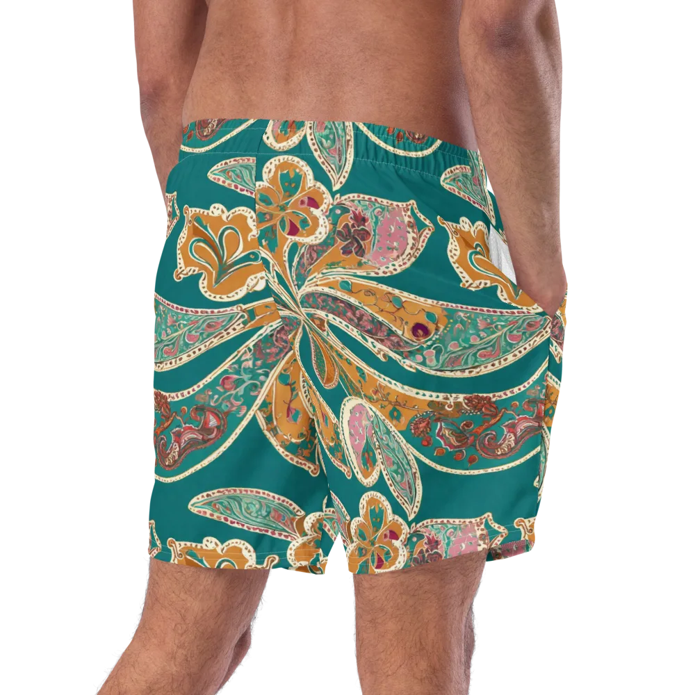 Teal Paisley Reverie on Swim Trunks — Right Back