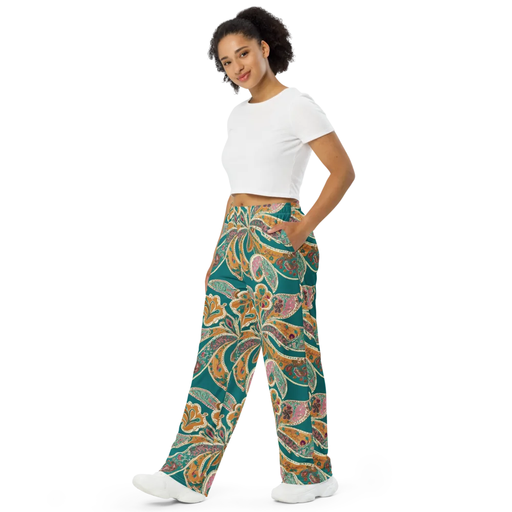 Teal Paisley Reverie on Wide-Leg Pants — Left Front