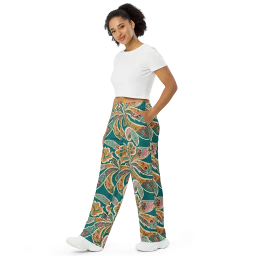 Teal Paisley Reverie on a Wide-Leg Pants