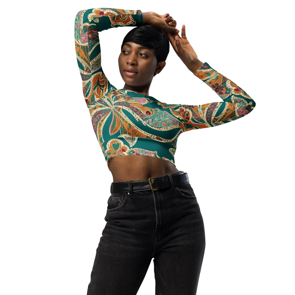 Teal Paisley Reverie on Long Sleeve Crop Top — Front