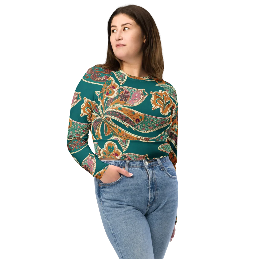 Teal Paisley Reverie on Long Sleeve Crop Top — Front
