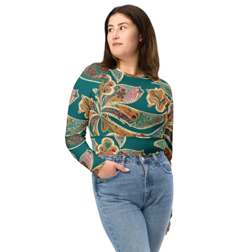 Teal Paisley Reverie on a Long Sleeve Crop Top
