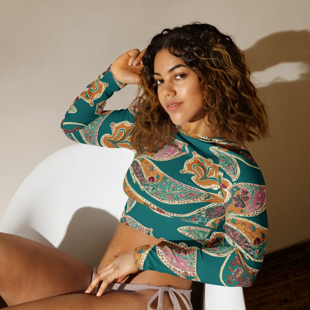 Teal Paisley Reverie on Long Sleeve Crop Top — Left Front