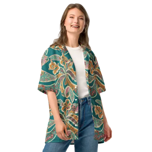 Teal Paisley Reverie on a Button Shirt