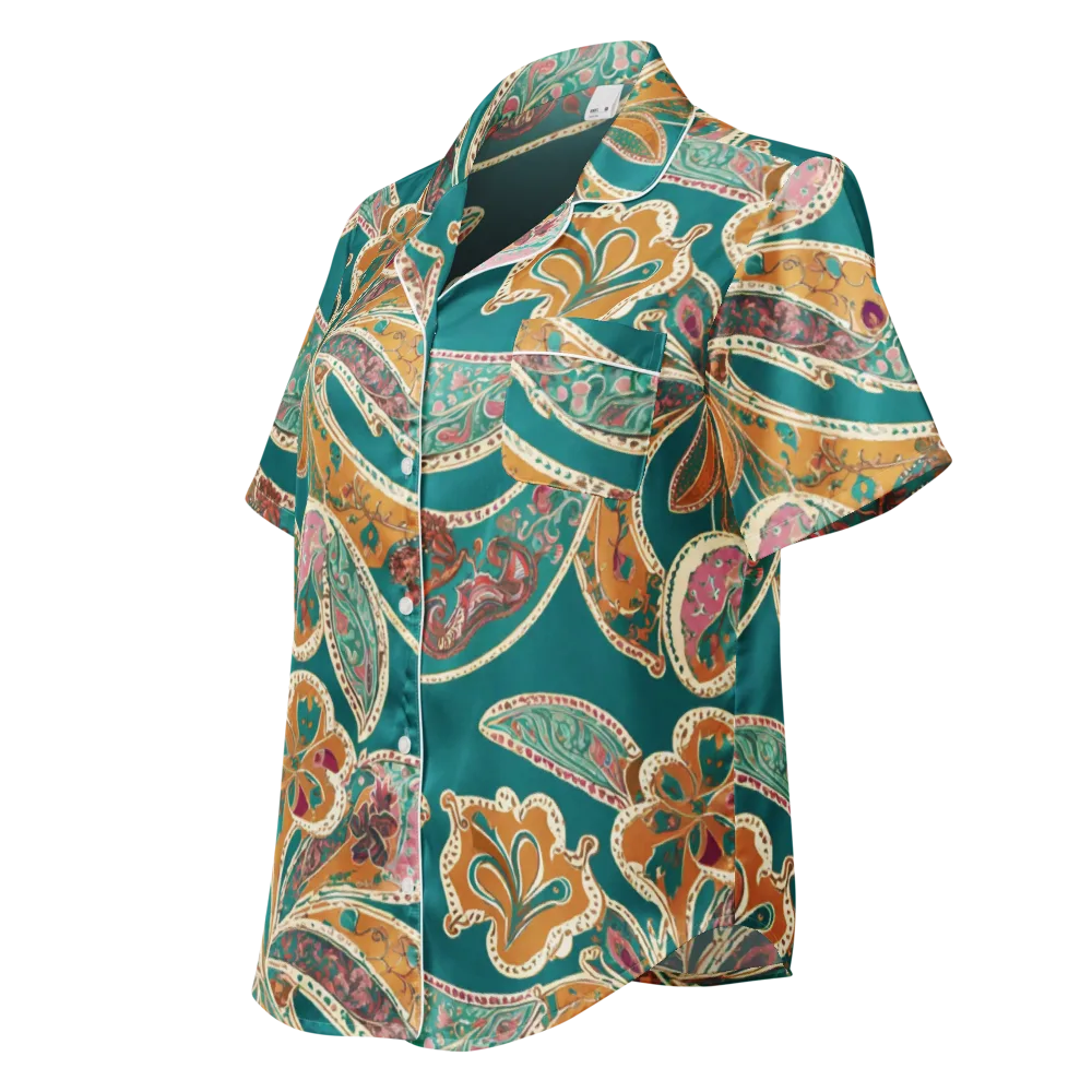 Teal Paisley Reverie on Women's Short Sleeve Pajama Top — Left Front