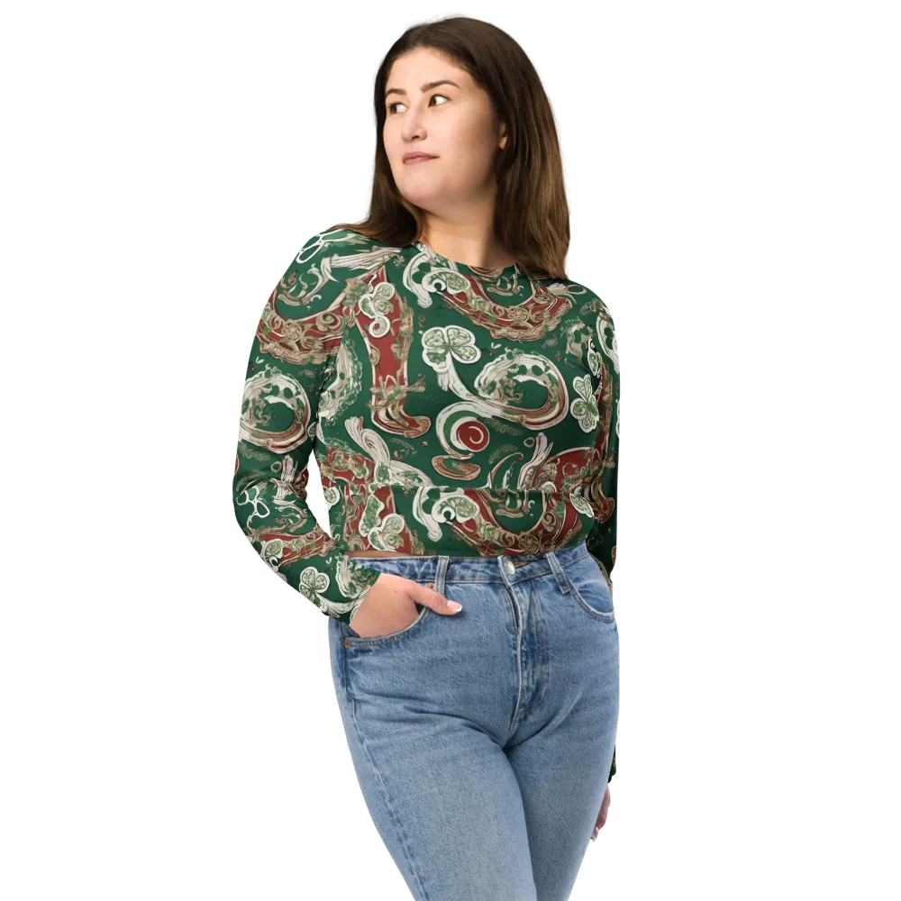 Emerald Curlicue on Long Sleeve Crop Top — Front
